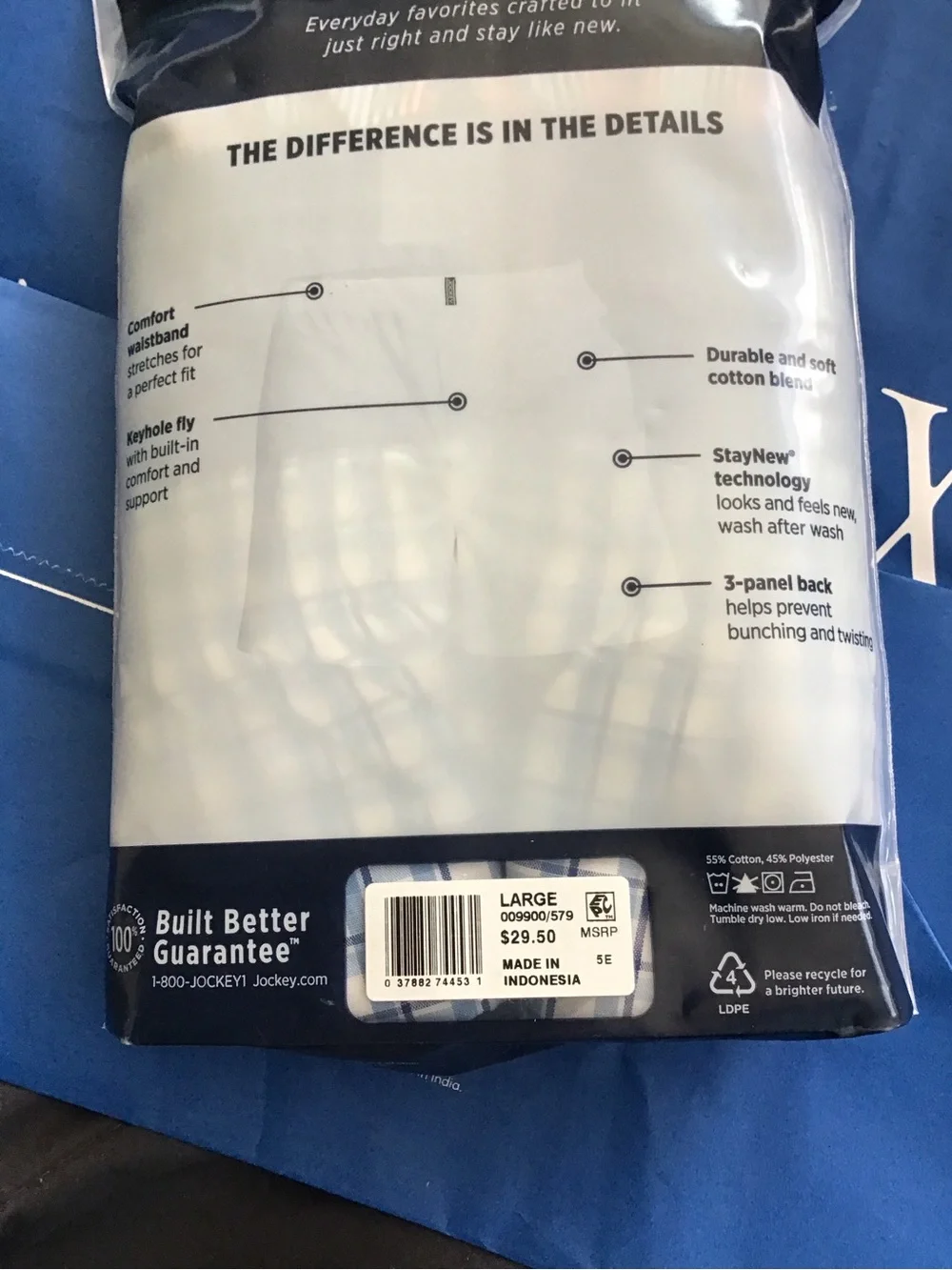 Jockey Men’s Cotton Blend Boxers — Blue & White Plaid (3-Pack)